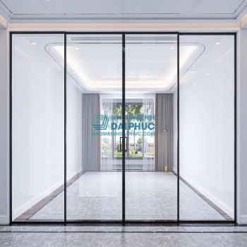 Cửa lùa slim màu trắng 4 cánh đối xứng, kính ghép lụa