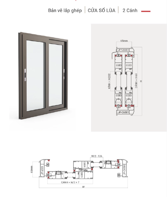 Bản vẽ cửa sổ lùa 2 cánh nhôm Maxpro hệ 65