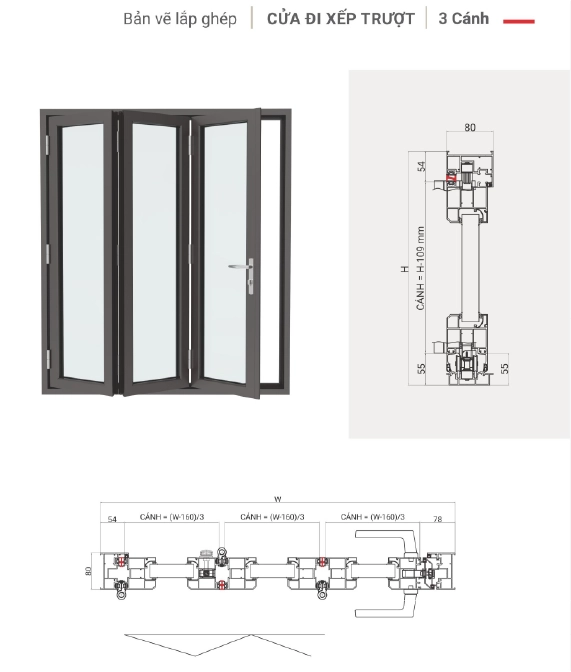 Bản vẽ cửa xếp trượt 3 cánh nhôm Maxpro hệ 80
