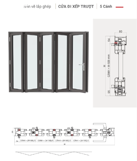 Bản vẽ cửa xếp trượt 5 cánh nhôm Maxpro hệ 80