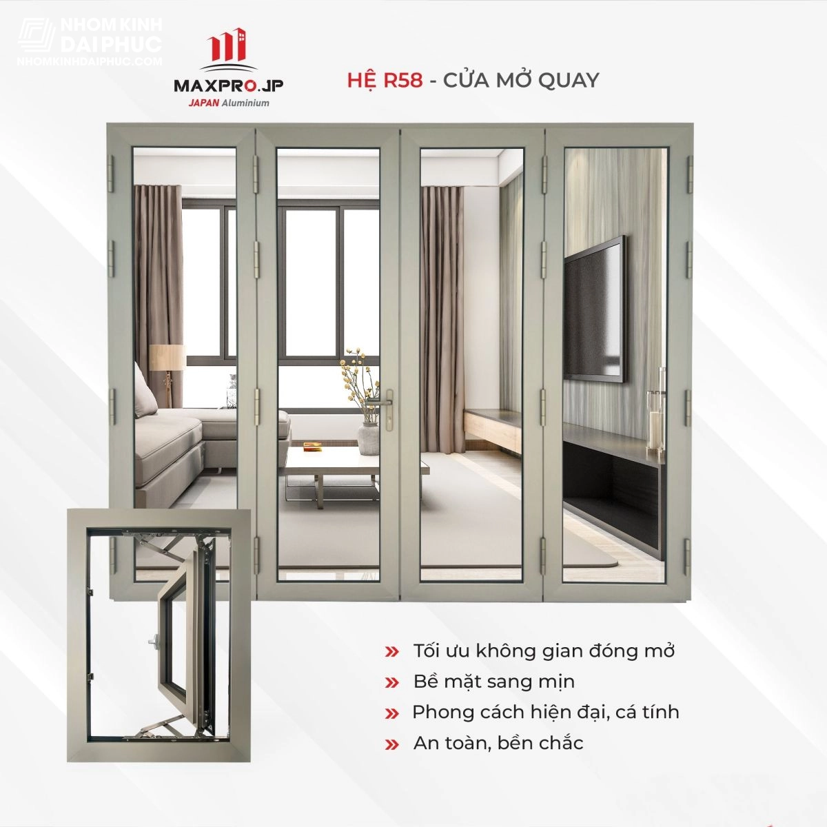 Cửa đi 4 cánh mở quay nhôm Maxpro hệ 58