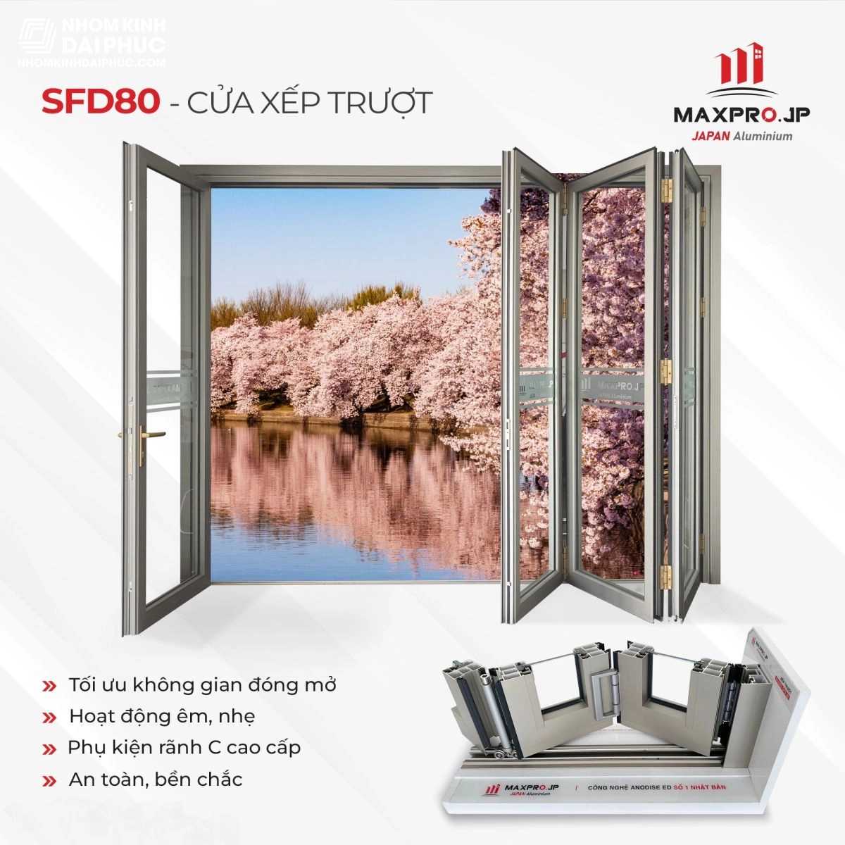 Cửa xếp trượt 4 cánh nhôm Maxpro hệ 80