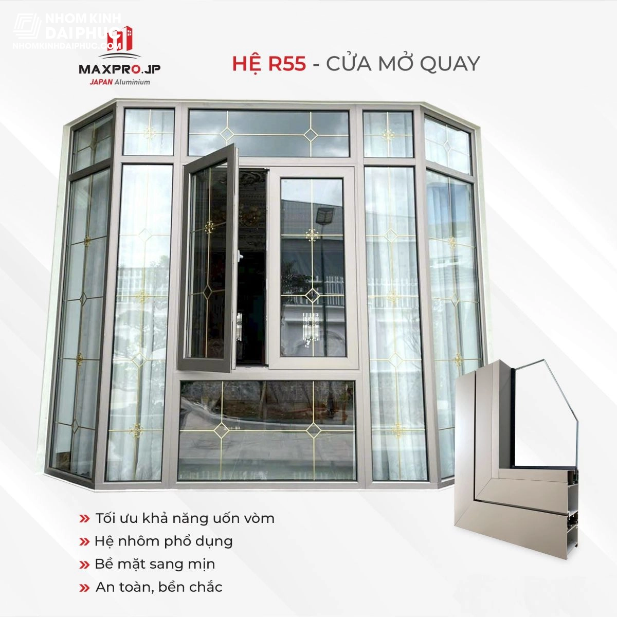 Cửa sổ 2 cánh mở quay nhôm Maxpro hệ 55