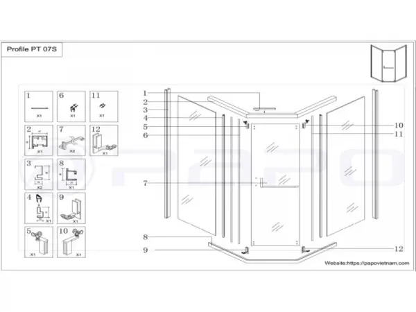 Bản vẽ chi tiết bộ phụ kiện phòng tắm Papo PT07S