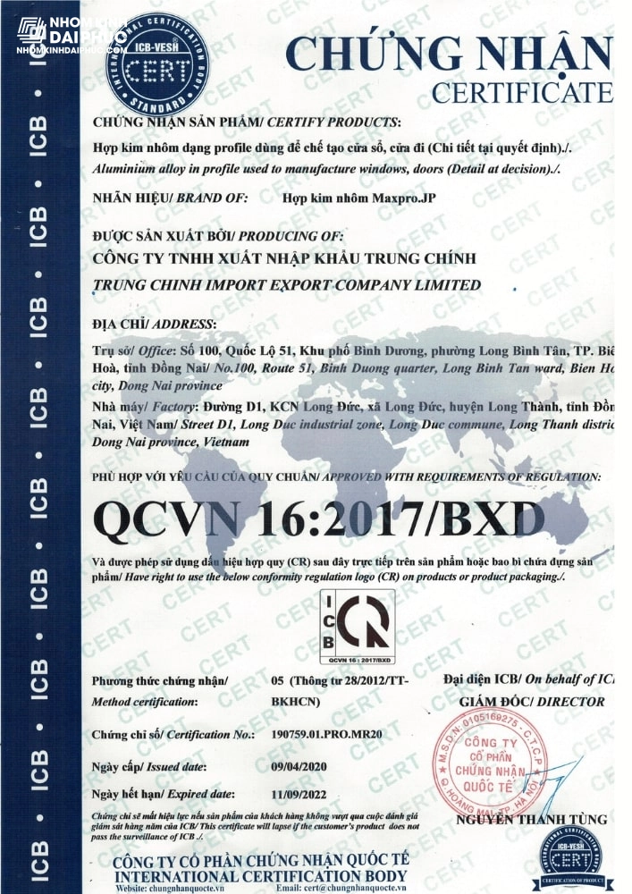 Chứng chỉ nhôm Maxpro.JP