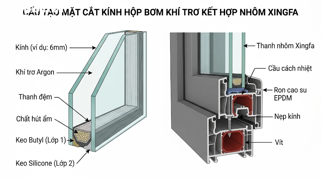 Cấu tạo mặt cắt của kính hộp bơm khí trơ kết hợp nhôm Xingfa