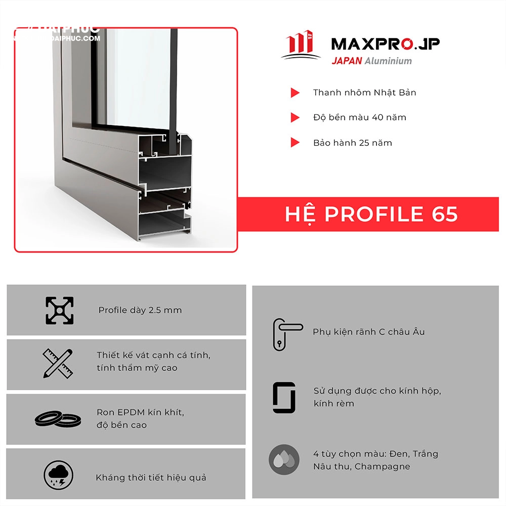 Mặt cắt profile nhôm Xingfa tem đỏ và mặt cắt nhôm Maxpro JP hệ 65