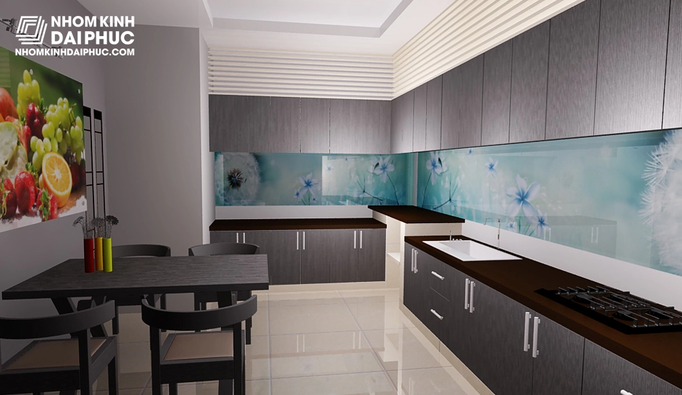 Kính in tranh 3D màu xanh nước biển