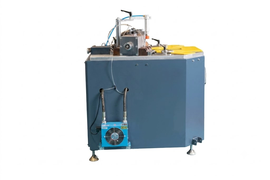 Quá trình ép góc bằng máy thủy lực trong dây chuyền thi công cửa nhôm Maxpro