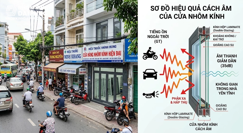 Nhà phố mặt tiền đông đúc xe cộ và sơ đồ đồ họa sóng âm bị chặn lại bởi cửa nhôm kính