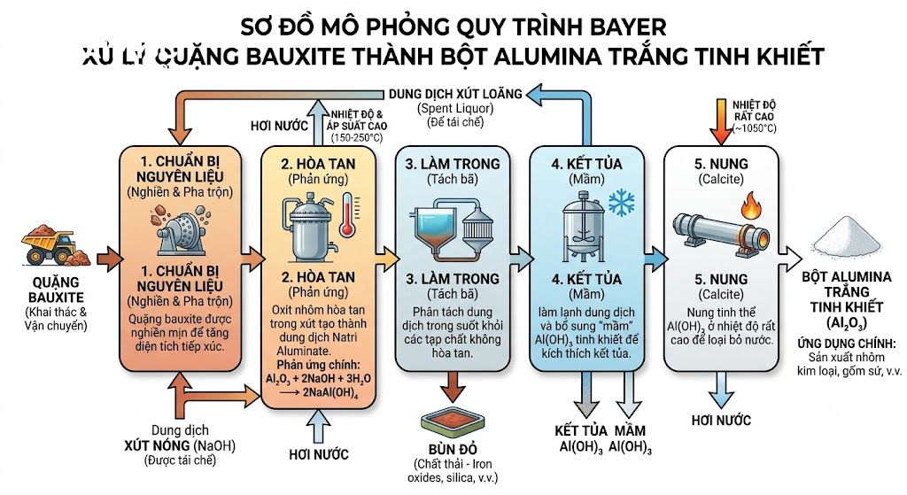Sơ đồ mô phỏng quy trình Bayer xử lý quặng Bauxite thành bột Alumina trắng tinh khiết