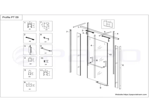 Bản vẽ chi tiết vách kính Papo mã PT09