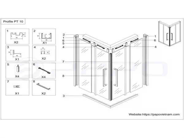 Bản vẽ chi tiết phụ kiện vách kính Papo mã PT10