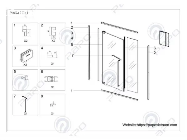 Bản vẽ chi tiết vách tắm kính Papo mã PT11