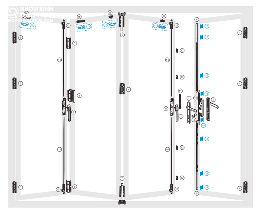 Cấu tạo bộ khóa lắp cửa xếp trượt Cmech