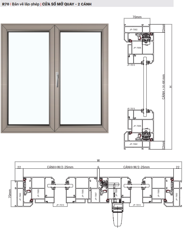 Bản vẽ lắp ghép cửa sổ mở quay 2 cánh nhôm Maxpro hệ R70