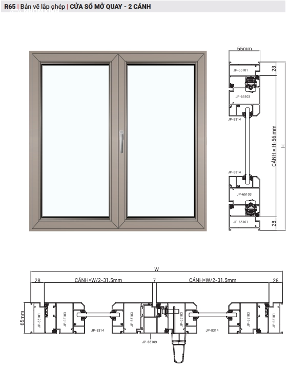 Bản vẽ lắp ghép cửa sổ 2 cánh mở quay nhôm Maxpro hệ R65