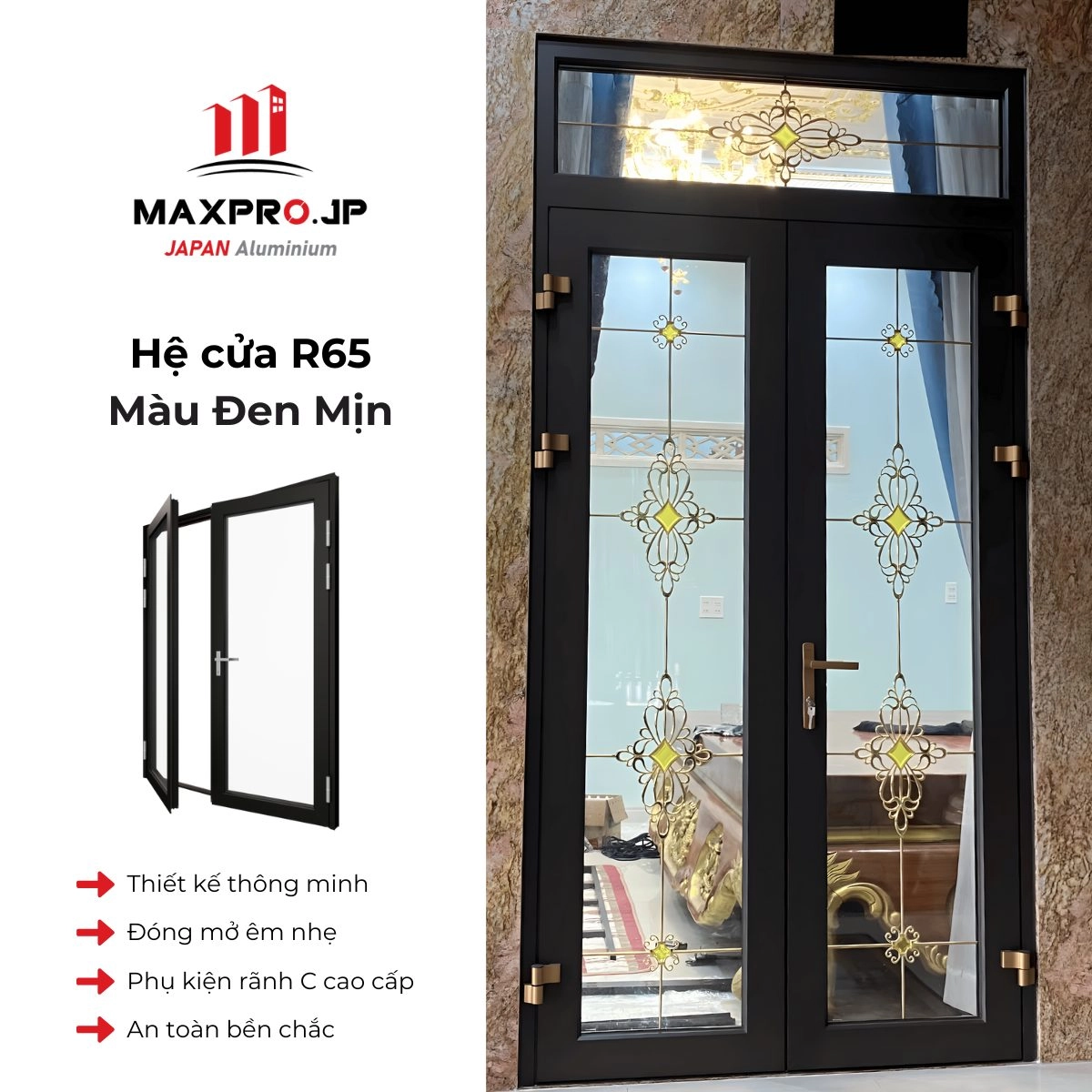Cửa đi mở quay 2 cánh nhôm Maxpro hệ R65