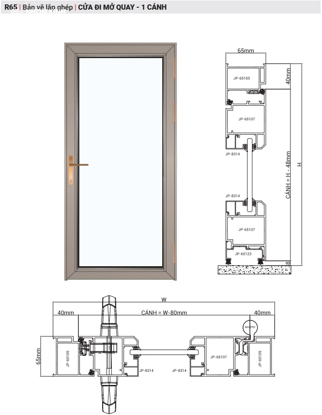 Bản vẽ lắp ghép cửa đi 1 cánh nhôm Maxpro hệ R65