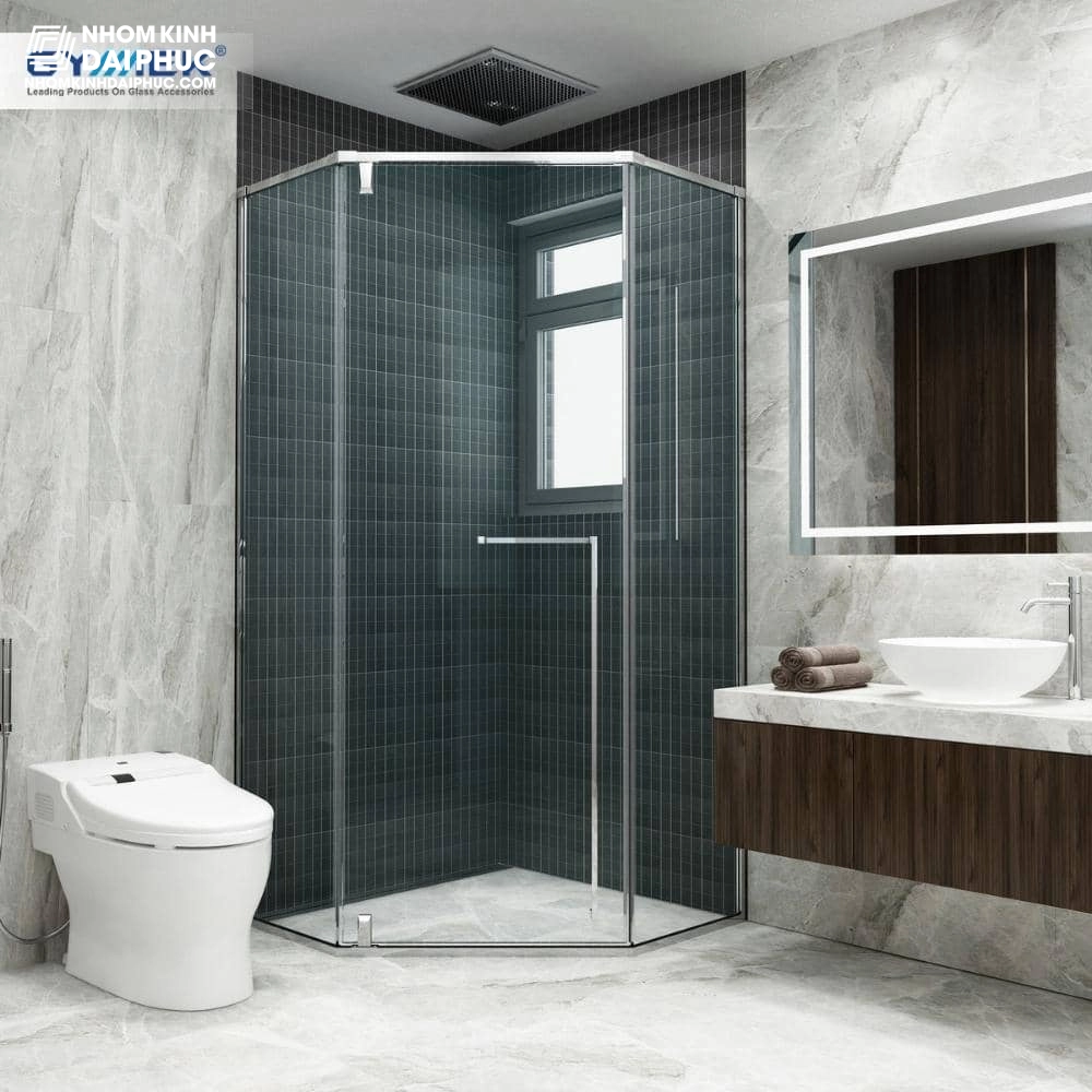 Cabin tắm GYMEK hệ slim 135 độ màu inox bóng cửa mở bản lề trục xoay