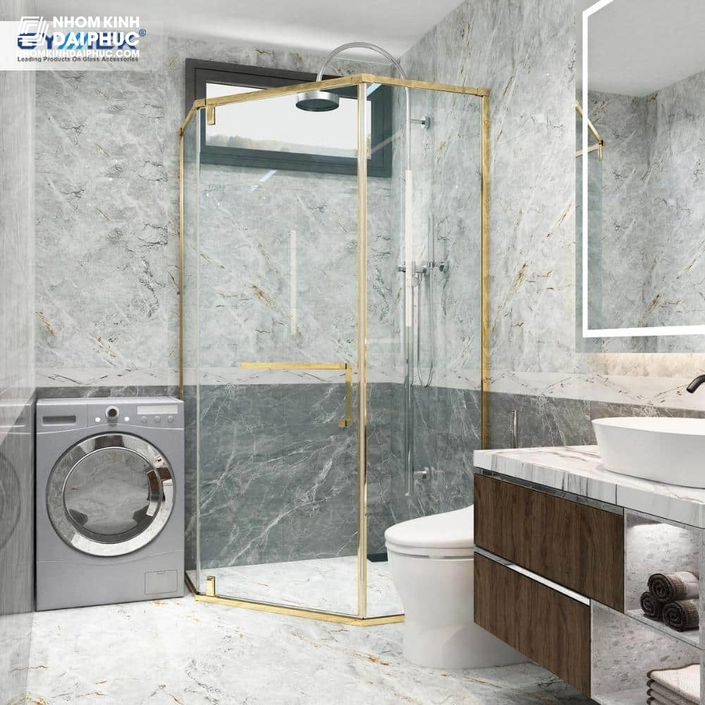 Cabin tắm GYMEK hệ slim 135 độ màu vàng gold cửa mở bản lề trục xoay