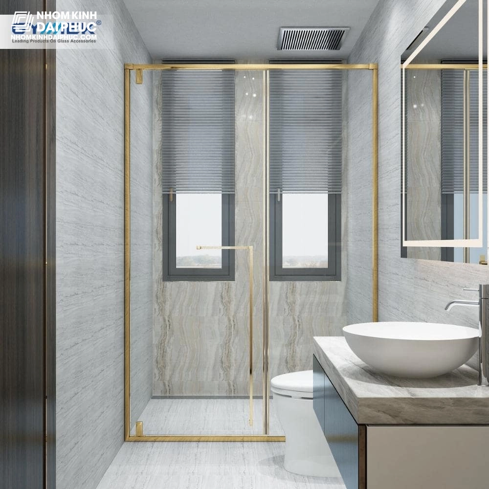 Cabin tắm GYMEK màu inox vàng gold hệ slim 90 độ K-T cửa mở bản lề trục xoay