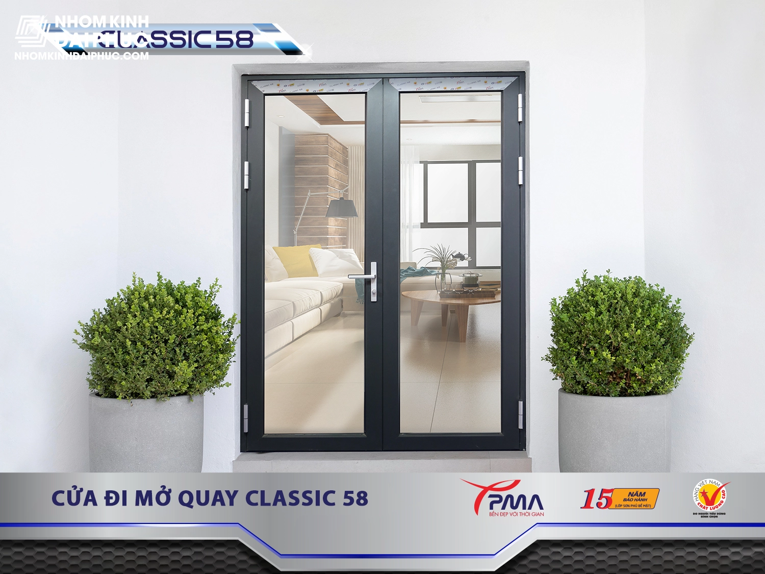 Cửa đi 2 cánh nhôm PMA hệ Classic 58