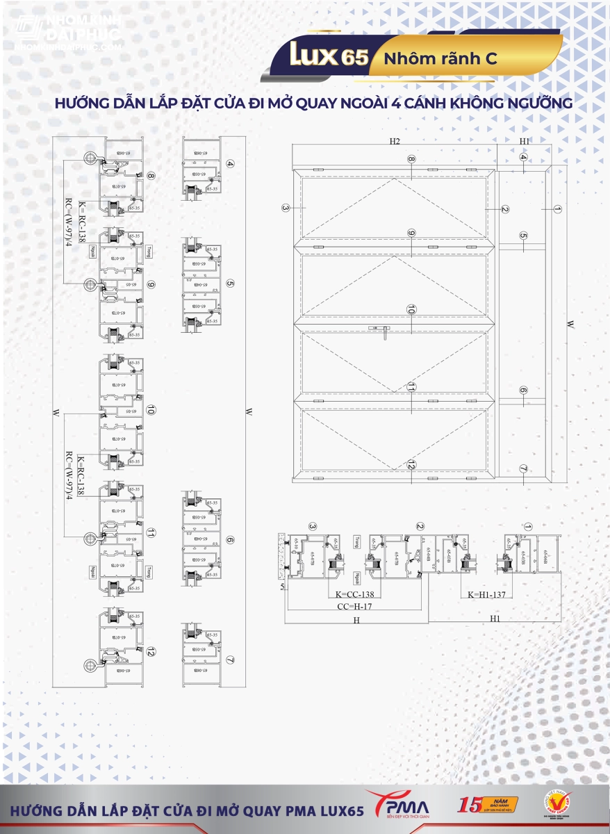 Hướng dẫn lắp đặt cửa nhôm PMA 4 cánh mở quay, nhôm PMA Lux 65 hệ rãnh C