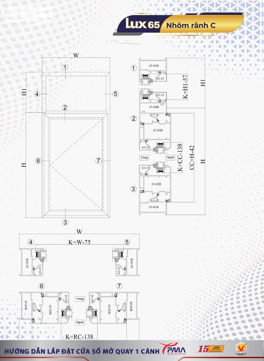 Hướng dẫn lắp đặt cửa sổ mở quay 1 cánh nhôm PMA hệ rãnh C