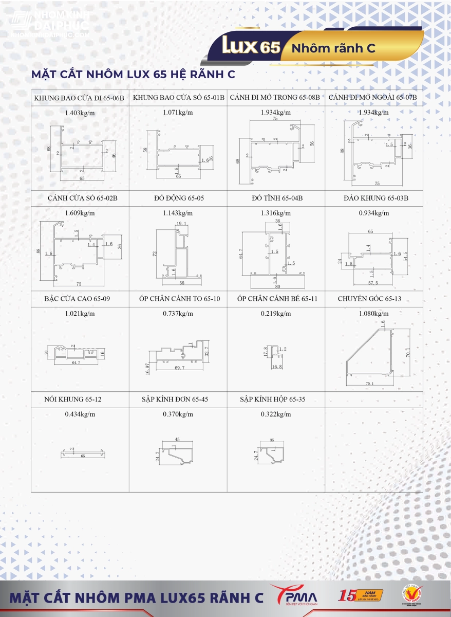 Mặt cắt nhôm PMA hệ rãnh C LUX 65