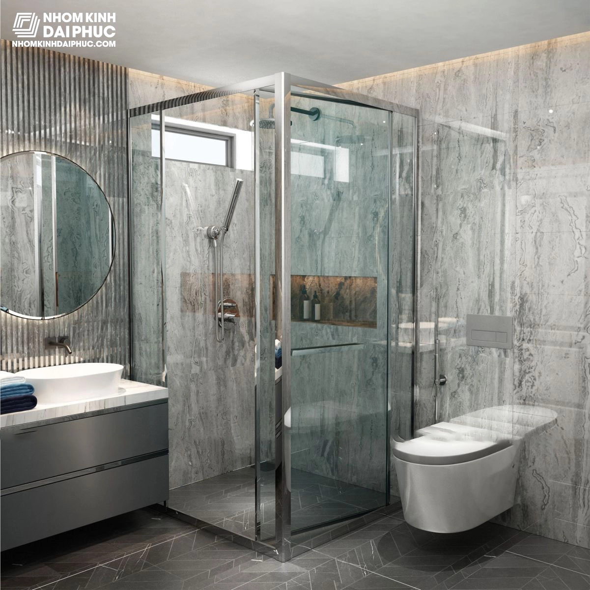 Phòng tắm cửa lùa 90 độ Gymek màu bóng gương