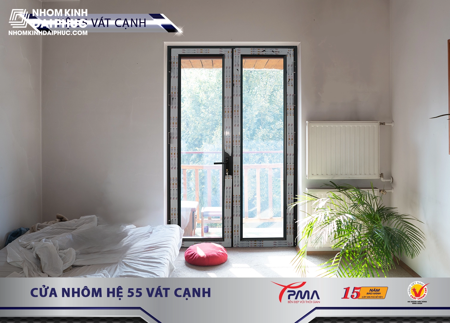 Cửa đi mở quay nhôm PMA hệ 55 Vát cạnh