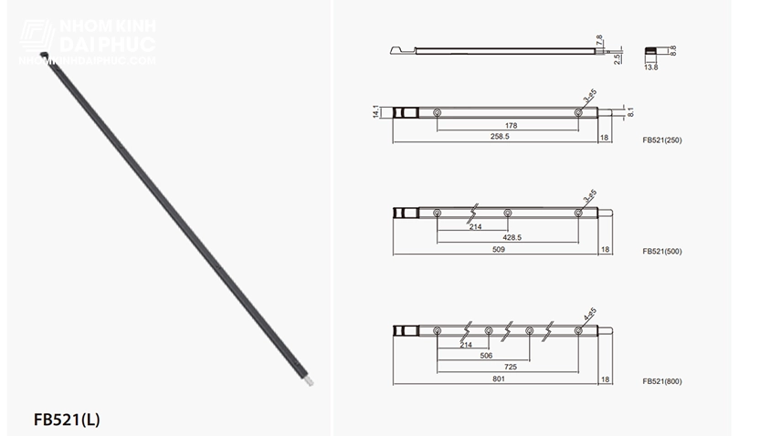 Thanh chốt cánh phụ Draho FB521 dài 250mm màu đen, bạc, xám